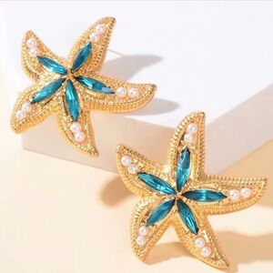 Gold and Blue Starfish Earrings